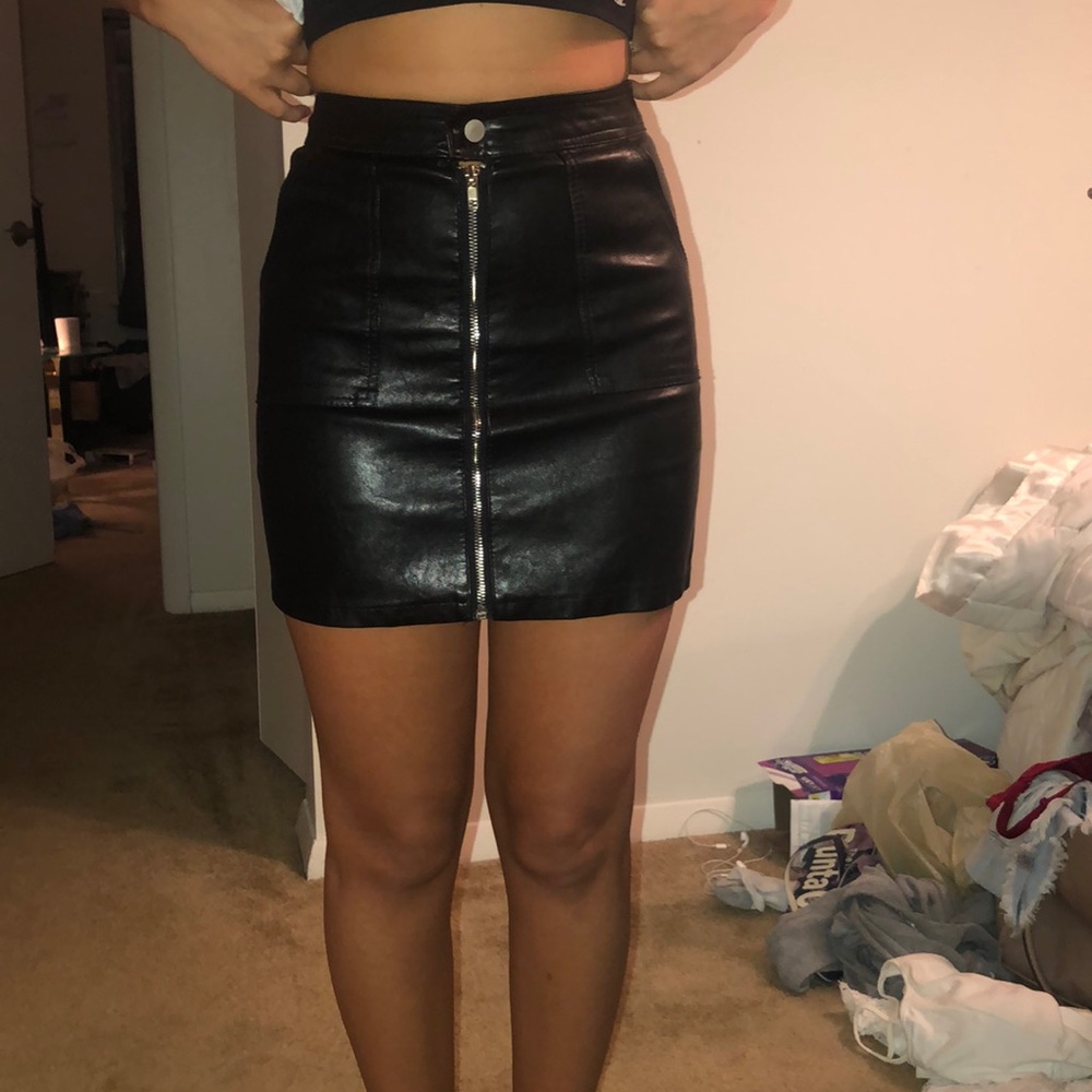 Black leather zip up skirt